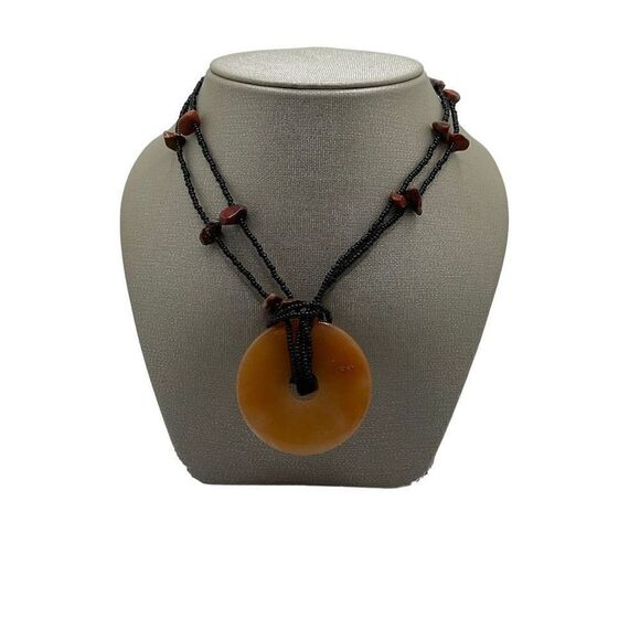 Agate Necklace Natural Stone Donut Pendant Amber Color Black Bead Chain - Picture 1 of 7